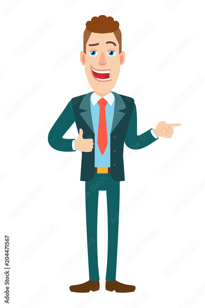 Businessman showing thumb up and pointing something beside of him
