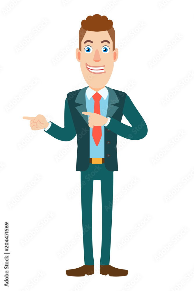 Businessman pointing something beside of him Businessman pointing something beside of him