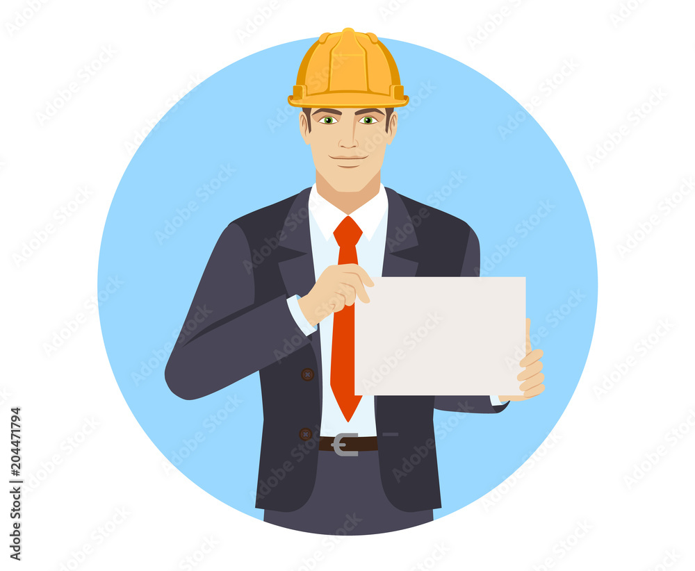 Businesswoman in construction helmet showing a paper