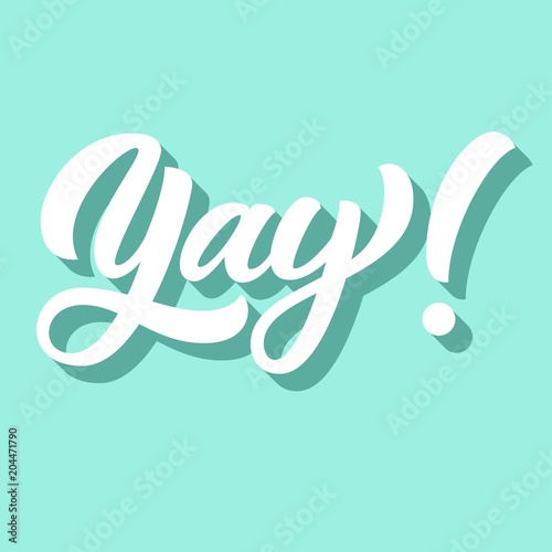 Yay! hand lettering, custom typography with retro 3d shadow, calligraphy isolated on blue background. Vector type illustration.