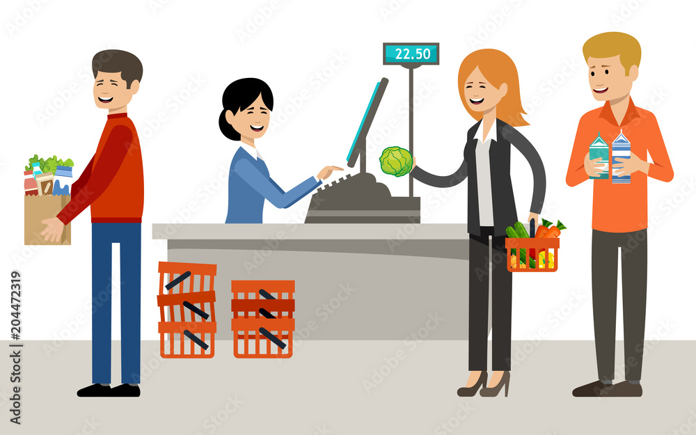 Cash desk in a supermarket and people with purchases