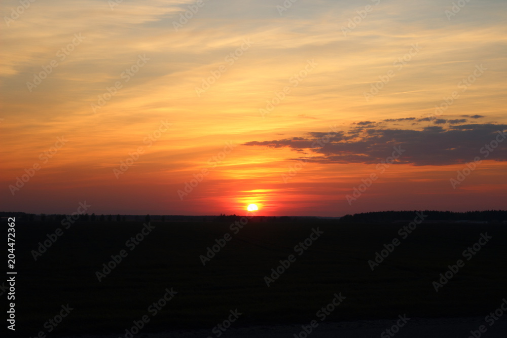 Rural evening landscape - sunset at the edge of the field on the horizon with beautiful clouds in summer