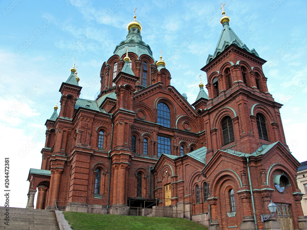 Uspenski Cathedral on hill, red turquoise orthodox church, Helsinki, Finland, Europe