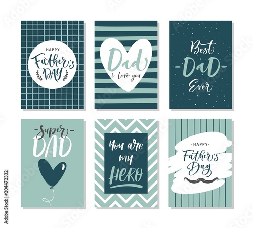 Happy fathers day greeting cards set. Vector hand written text.