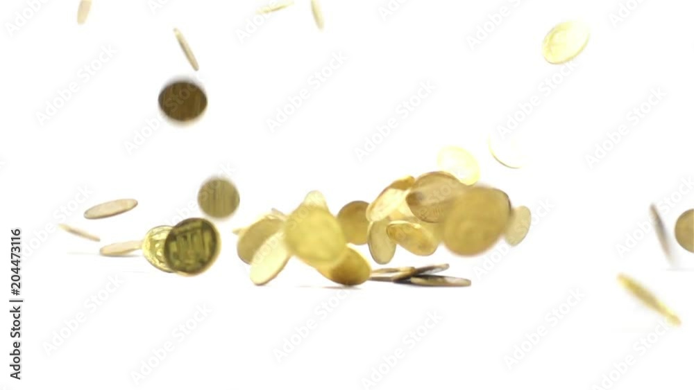 Slow Motion Video of Falling Golden Coins on white background Slow Motion Video of Falling Golden Coins on white background