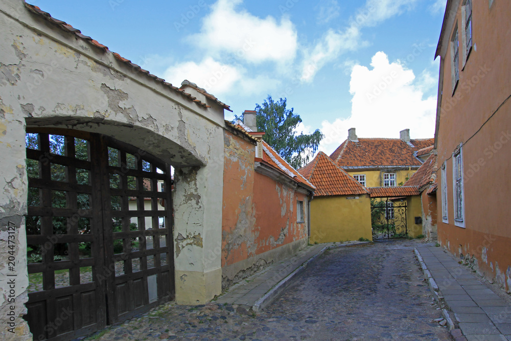 Street view with old colorful houses in the old town of Tallinn, Estonia, Europe