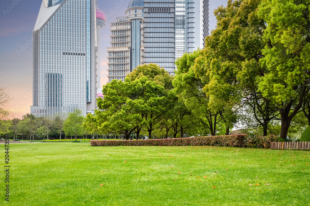 city park with modern building