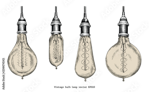 Billede på lærred Vintage bulb lamp set hand drawing engraving style