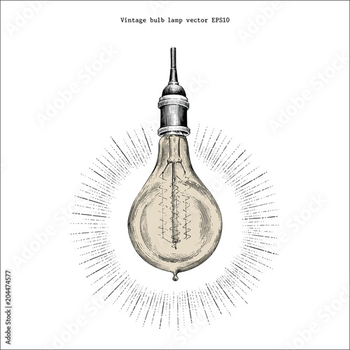 Vintage bulb lamp hand drawing engraving style