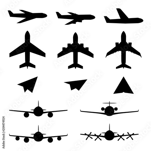Set of plane icons. Jet airplanes, paper wings. Personal and charter jetliner. Cargo and passenger airliner. Propeller jet