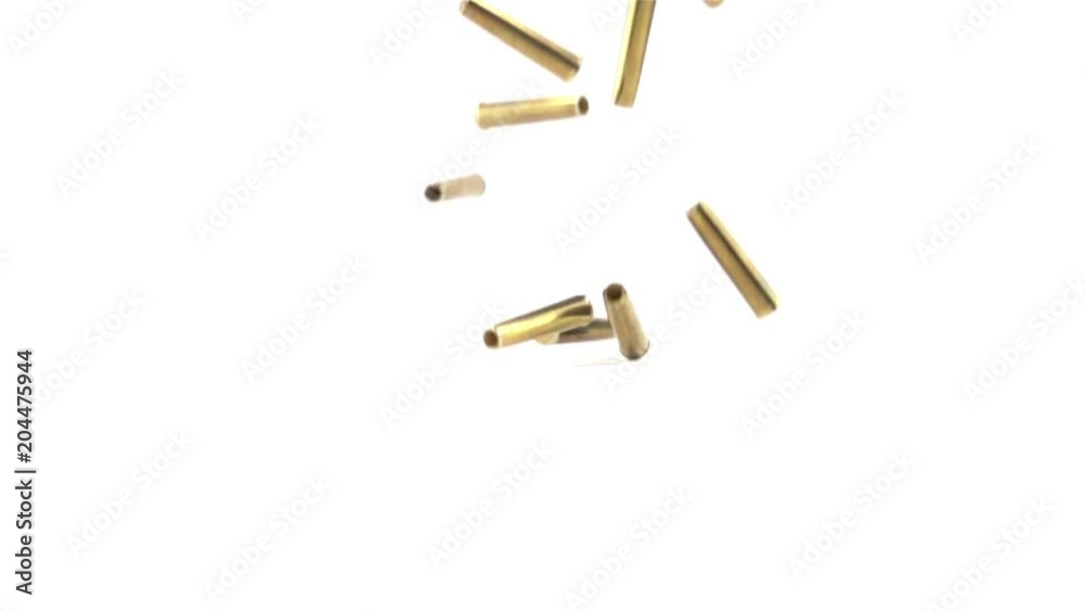 Slow Motion of Pistol shell casings falling on white background Slow Motion of Pistol shell casings falling on white background