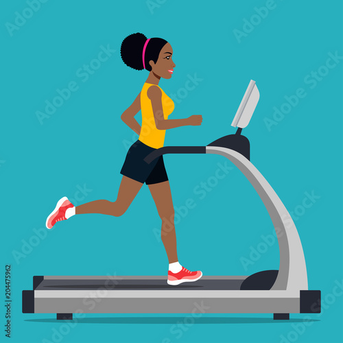 Afro american girl running on treadmill isolated. Vector flat style illustration