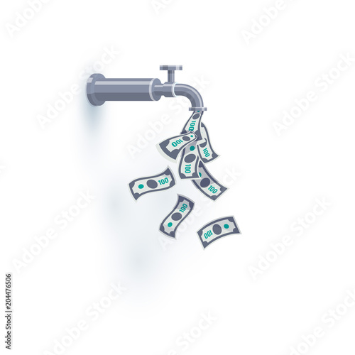 A faucet on the wall is dripping open flying money dollar bills instead of water. Passive income concept. Flat vector illustration isolated on white background.