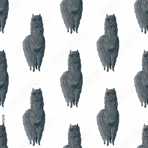 Seamless pattern with the image of cute alpaca in cartoon style. Colorful vector background