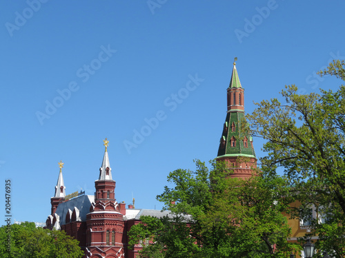 View of the Moscow Kremlin and the State historical Museum on Red square in summer