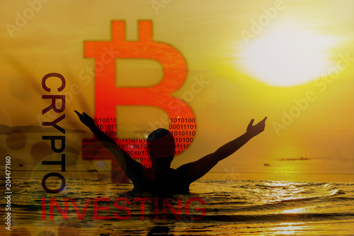 bitcoin millionaire and financial freedom from cryptocurrency.  Happy person with arms raised in swimming pool with sunset.  Emotional financial business concept.