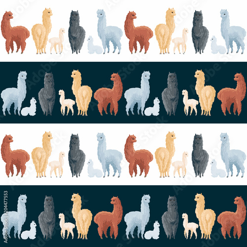 Seamless pattern with the image of cute alpaca in cartoon style. Colorful vector background