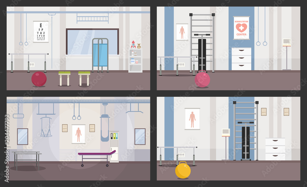 Rooms for physiotherapy sessions. Four banner. Vector image.