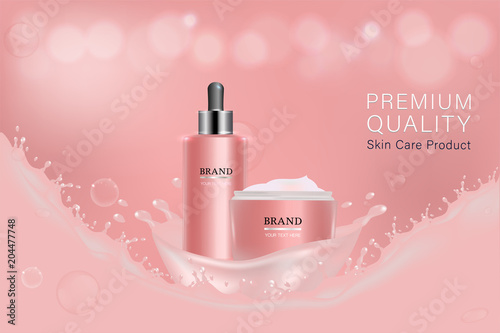 Pink cosmetic containers with advertising background ready to use, liquid splash skin care ad, vector illustration.