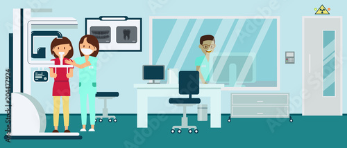 Isometric female patient makes panoramic radiography image in dental radiology room.