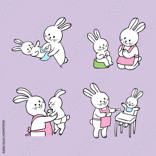 Cartoon cute mom and baby white rabbits vector.