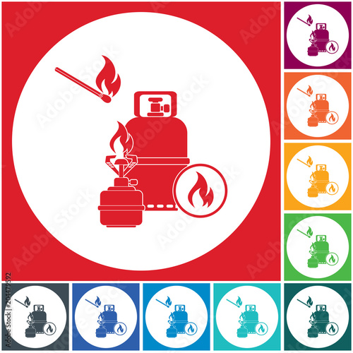 Camping stove with gas bottle icon vector