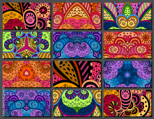 Fotografie Set of decorative zentangle multicolor business card with ornament