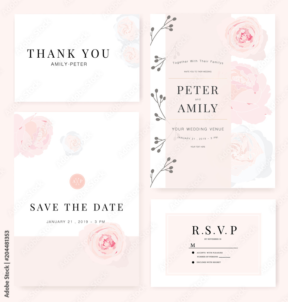 Vector template set. Wedding invitation, rsvp, thank you, save the date card design with elegant rose pink garden. 