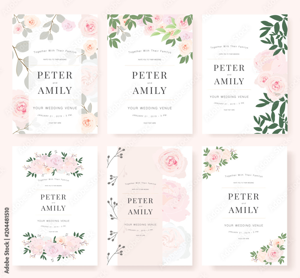 Vector template set. Wedding invitation, rsvp, thank you, save the date card design with elegant rose pink garden. 