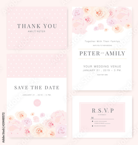 Vector template set. Wedding invitation, rsvp, thank you, save the date card design with elegant rose pink garden. 