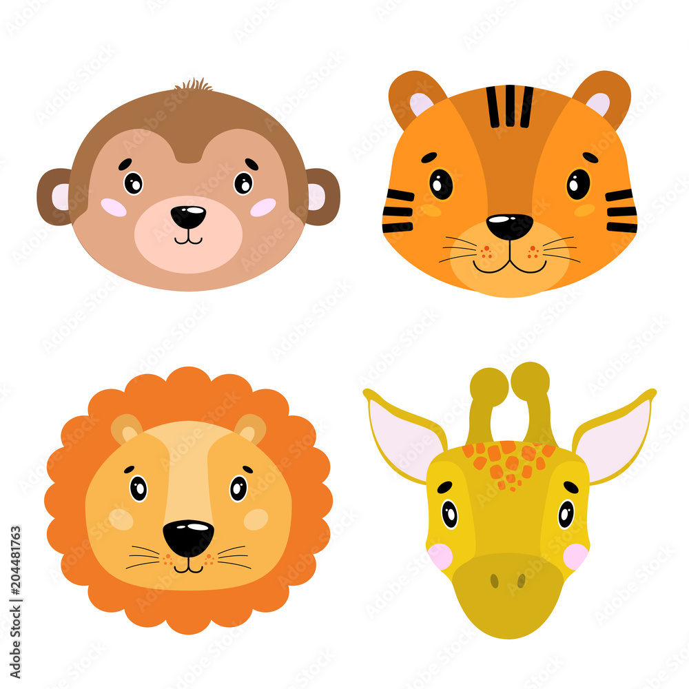 Cartoon set Vector Animals face,four objects. Monkey, lion, tiger, giraffe.  Stock Vector | Adobe Stock