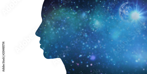 mindfulness and harmony concept - black silhouette of woman over blue space background