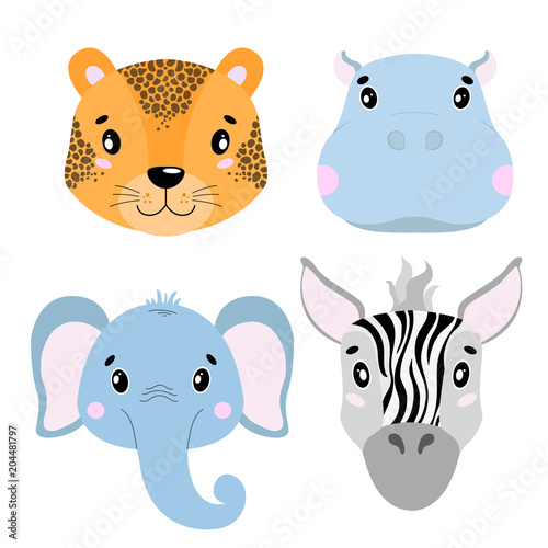 Cartoon set Vector Animals face,four objects. Leopard, hippo, elephant, zebra.