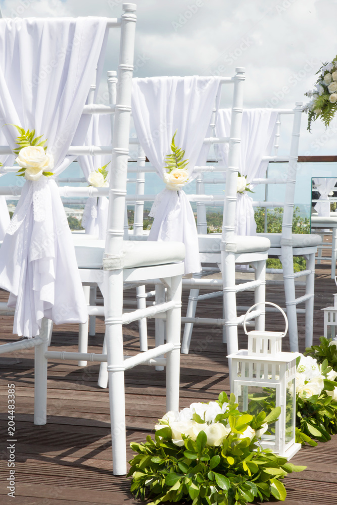 Beautiful boho wedding set up, flower decoration, tropical style