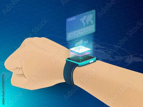 Smart technology and Cryptocurrency and blockchain Isometric Concept. modern technology with Mobile Phone and smart watch. analysts and managers working on blockchain start up