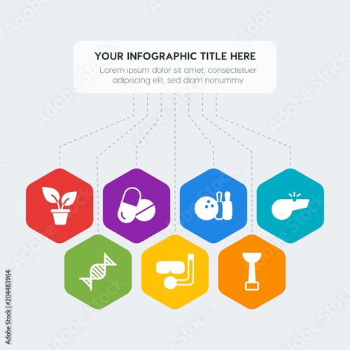 Flat geometric health, sports, nature infographic steps template with 7 options for presentations, advertising, annual reports