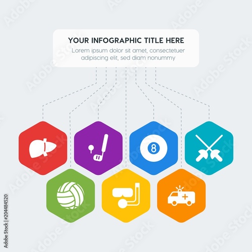 Flat geometric health, sports, nature infographic steps template with 7 options for presentations, advertising, annual reports