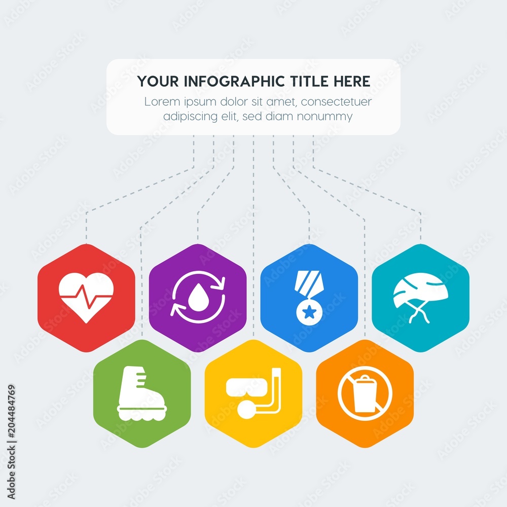 Flat geometric health, sports, nature infographic steps template with 7 options for presentations, advertising, annual reports Flat geometric health, sports, nature infographic steps template with 7 options for presentations, advertising, annual reports