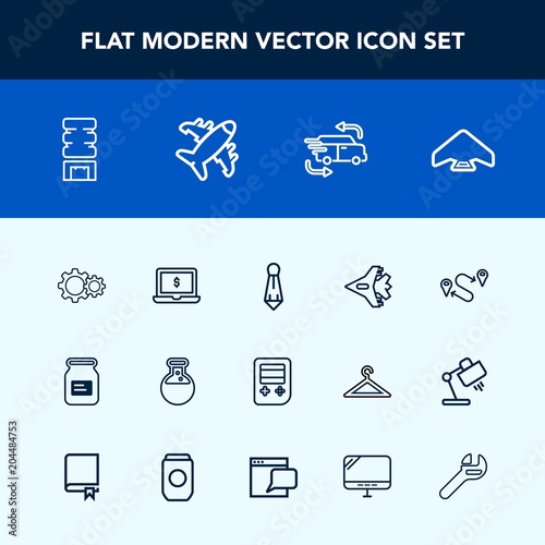 Modern, simple vector icon set with extreme, position, medicine, screen, car, fashion, suit, fast, cold, tie, technology, jet, jetliner, travel, parachute, jump, plane, transportation, tool, can icons