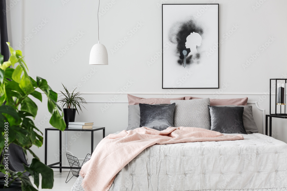 Pink blanket in feminine bedroom - obrazy, fototapety, plakaty 