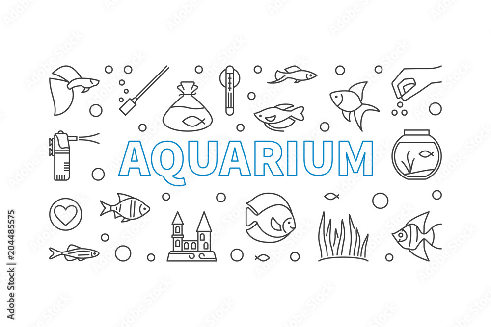 Aquarium vector horizontal banner in thin line style