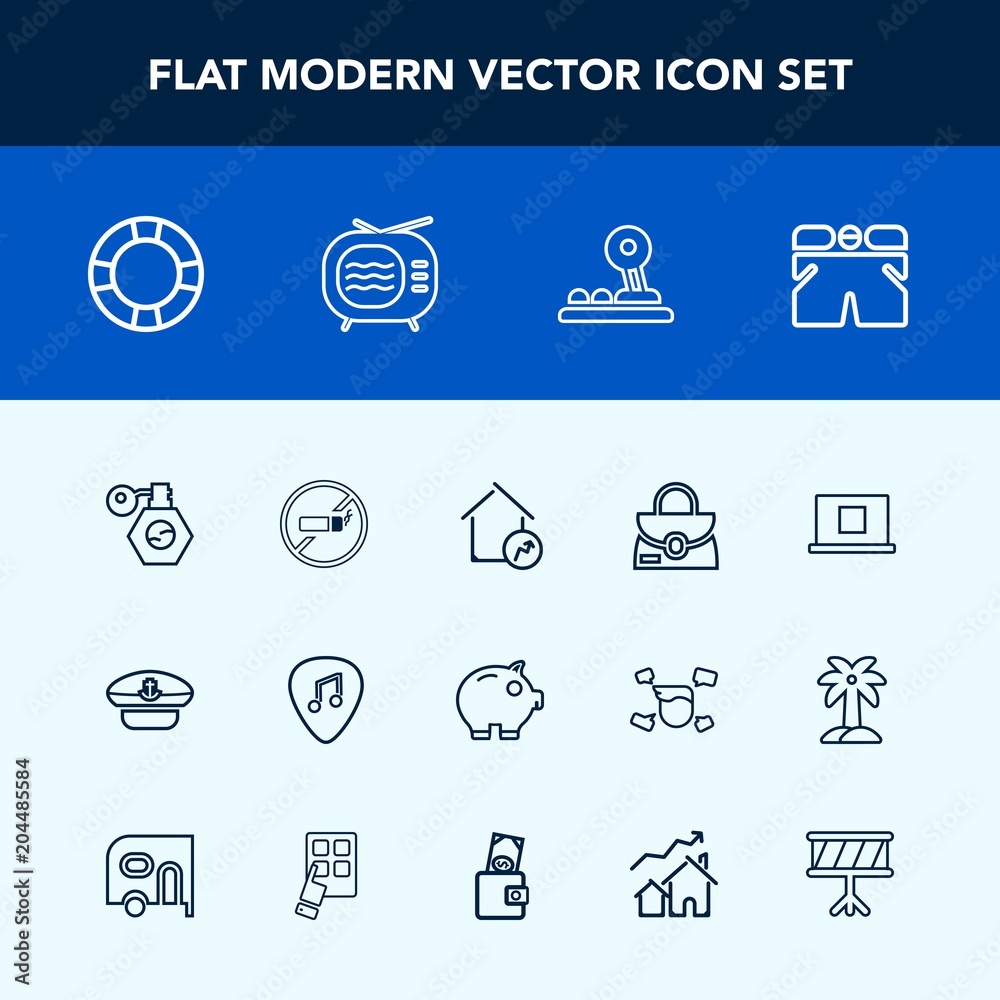 Modern, simple vector icon set with bank, style, perfume, home, guitar, tobacco, shorts, no, water, musical, increase, leather, pump, property, internet, summer, technology, fashion, cap, bag icons