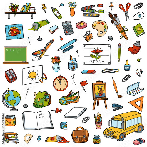 Cartoon set of school objects. Collection of stationery and items for study