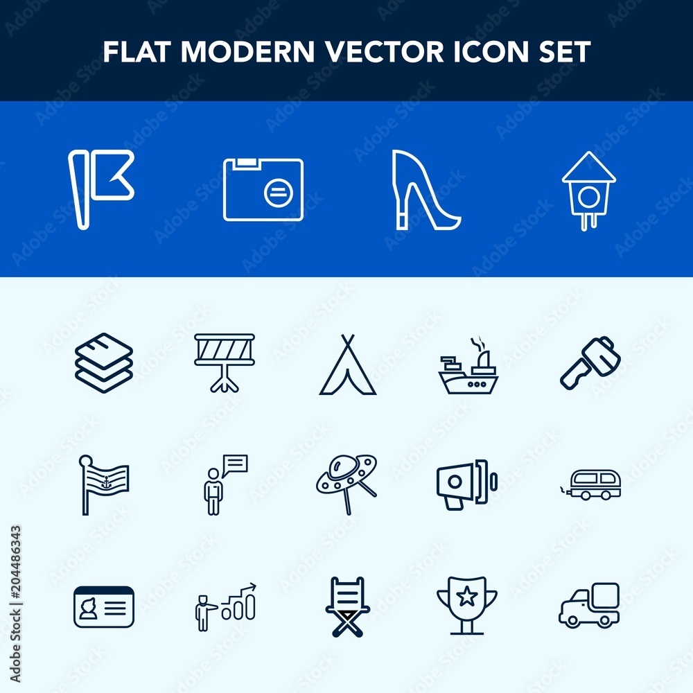 Modern, simple vector icon set with screwdriver, shoe, sea, ufo, nation, communication, camp, military, space, person, axe, outdoor, adventure, instrument, information, chat, flag, music, high icons