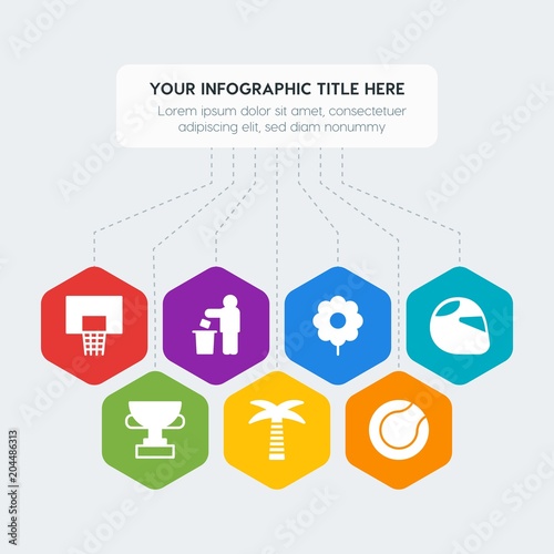 Flat geometric health, sports, nature infographic steps template with 7 options for presentations, advertising, annual reports