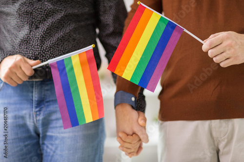 gay pride, lgbt and homosexual concept - close up of happy male couple with rainbow flags holding hands