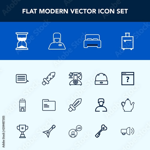 Modern, simple vector icon set with internet, service, time, phone, vintage, unknown, room, suitcase, furniture, office, travel, bed, knight, folder, head, cap, paper, uniform, luggage, bedroom icons