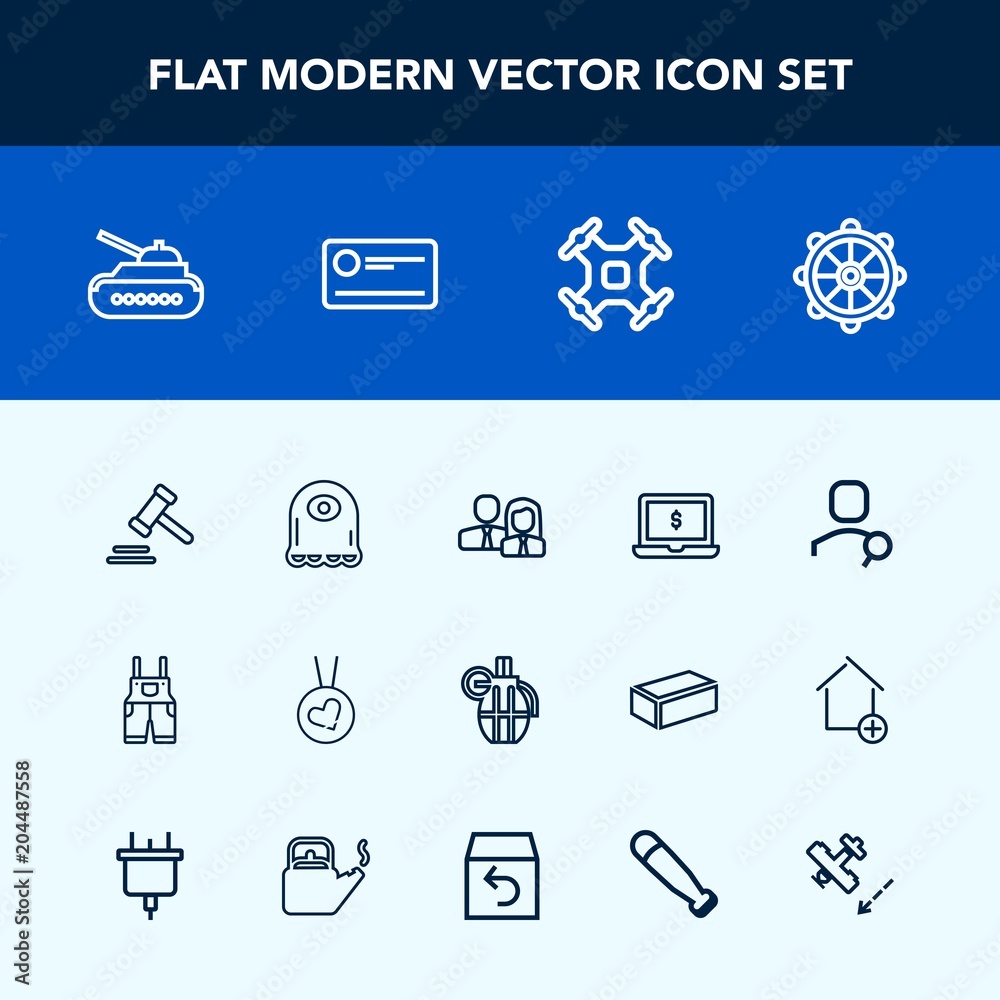 Modern, simple vector icon set with technology, military, weapon, wear, law, love, legal, character, staff, helicopter, fashion, notebook, cartoon, helm, alien, monster, work, internet, aerial icons