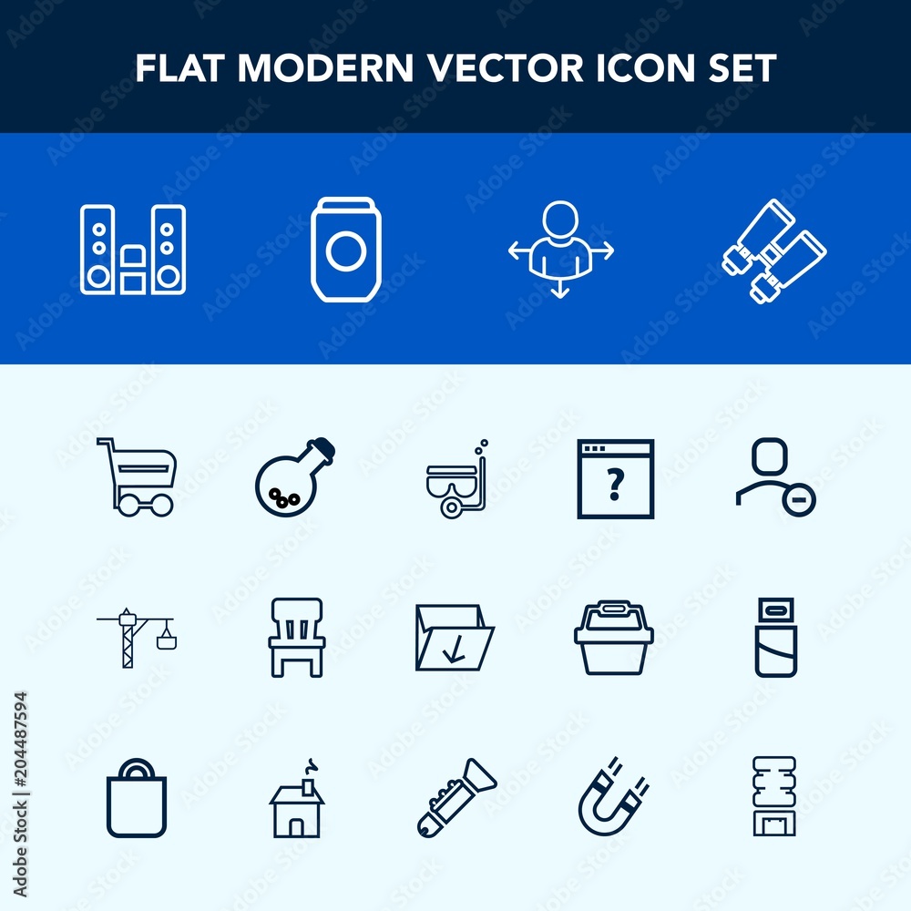 Modern, simple vector icon set with vision, sea, watch, comfortable, business, sound, room, hammer, spy, garbage, glasses, construction, music, chair, unknown, medicine, box, play, summer, audio icons