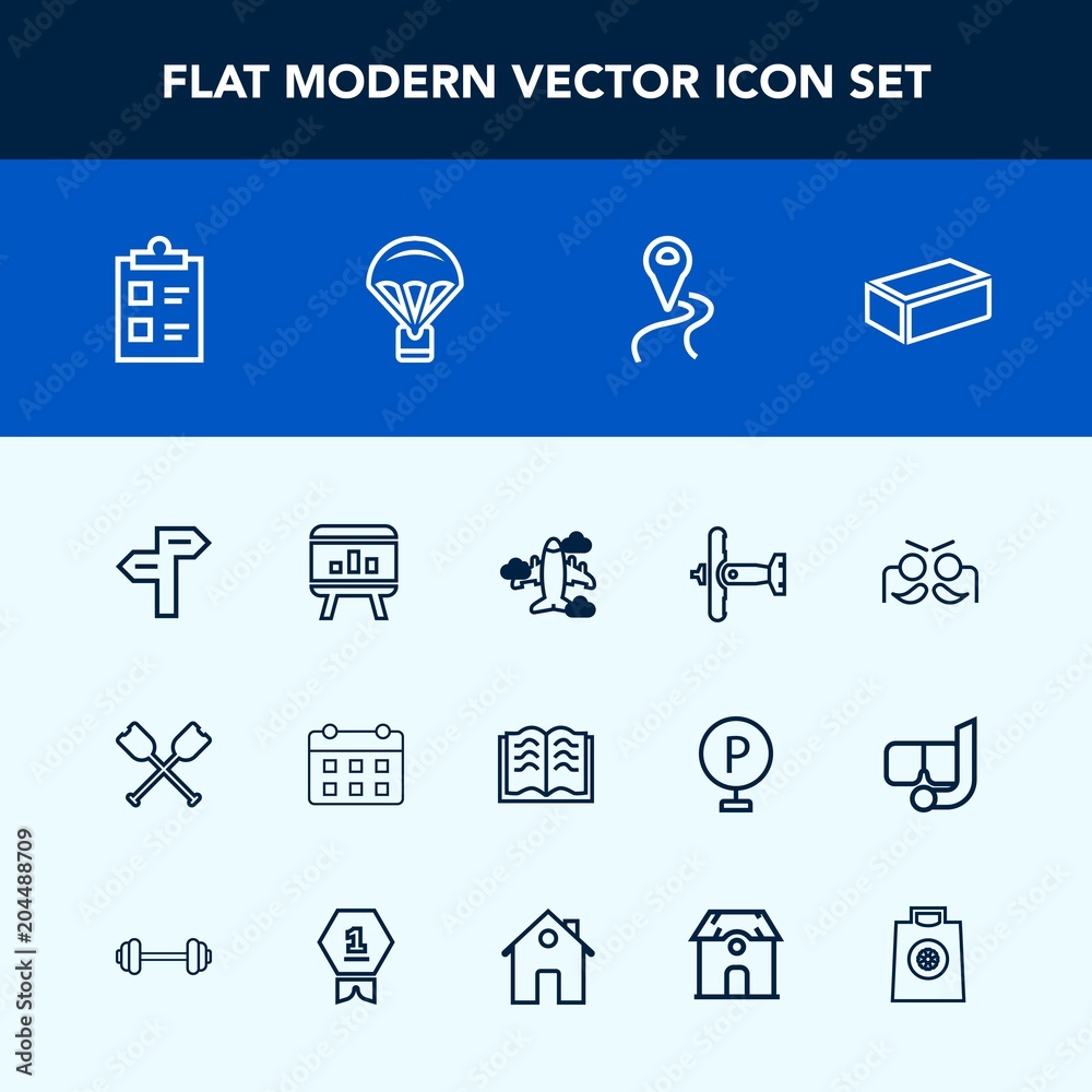 Modern, simple vector icon set with military, infographic, plane, list, carnival, education, road, calendar, boat, route, map, business, day, book, material, time, airplane, party, canoe, paper icons